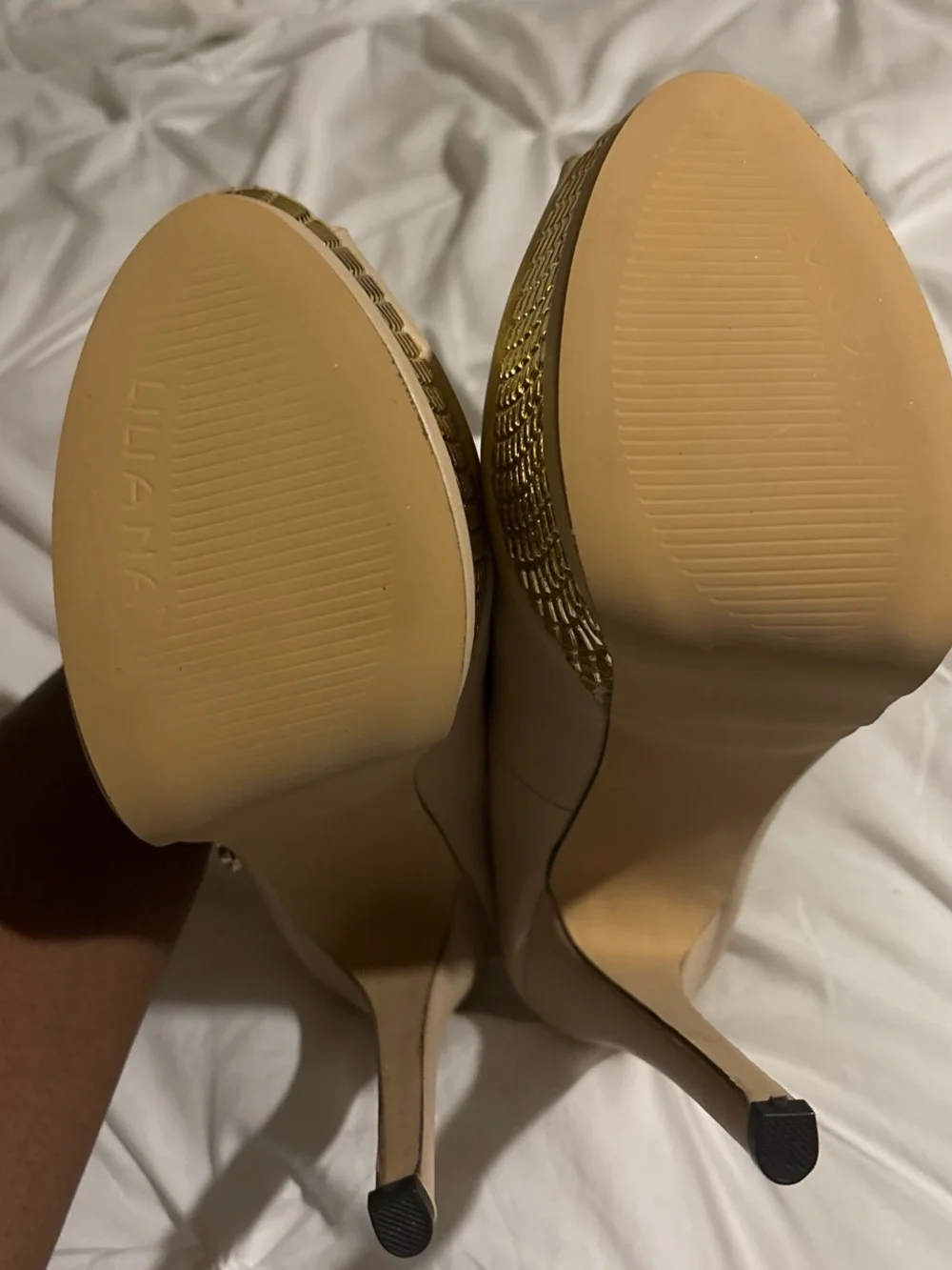 Liliana Beige Peep-Toe Platform Heels